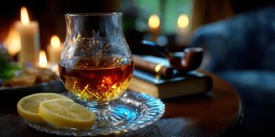 Elegant glass of whiskey with lemon slices on vintage tray beside candlelight and a book on a cozy table setting photo