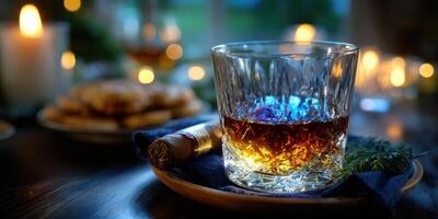 Enjoying a fine whiskey with a cigar in a cozy, candlelit setting on a relaxed evening photo