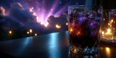 Colorful cosmic cocktail served in a crystal glass on a wooden table with shimmering lights and a starry background photo