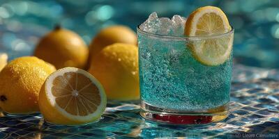 Refreshing blue drink served on a sunny day beside fresh lemons near a shimmering pool photo