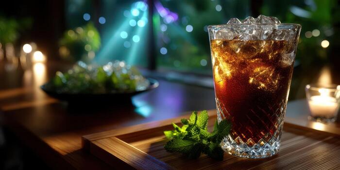 Refreshing beverage served in a crystal glass with ice and mint on a wooden tray in a dimly lit environment photo