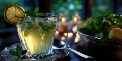 Refreshing mint lemonade served in a clear glass with mint leaves and lemon during a cozy evening gathering photo