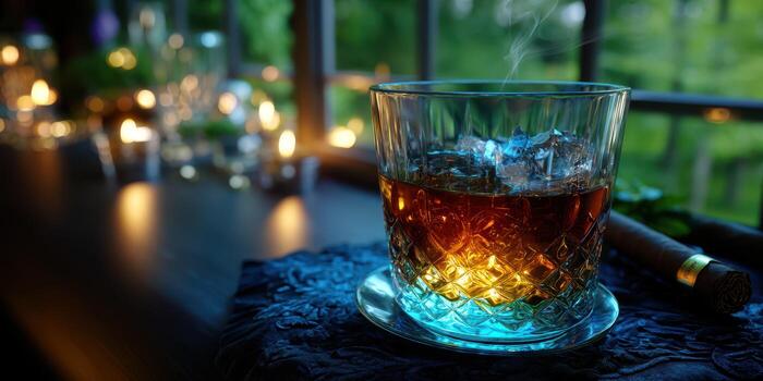 Sparkling drink in crystal glass with smoke beside cigar at candlelit table in cozy setting photo