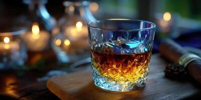 Warm ambiance created by whiskey and cigar on a wooden surface in a cozy room during evening hours photo