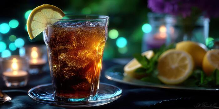 Refreshing iced tea with lemon slice on a table adorned with candles and fruits at a cozy evening gathering photo