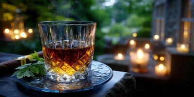 Enjoying a whiskey neath the soft glow of candlelight in a serene outdoor setting at twilight photo