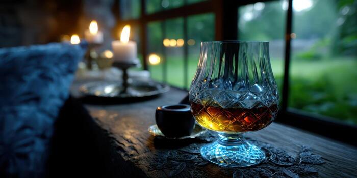Cozy evening with a glass of whiskey and flickering candles near a window in a rustic setting photo