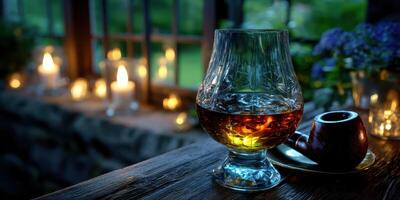 Evening relaxation with whiskey and pipe near candlelit windows in a cozy setting photo