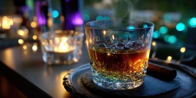 Elegant glass of whiskey with ice placed on a table adorned with ambient lights during an evening gathering photo
