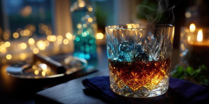 Warm evening drink in a cozy setting with soft lights and a hint of smoke photo