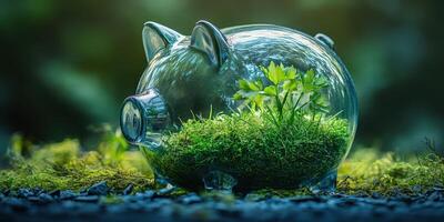 Clear glass piggy bank filled with moss and plants outdoors during daylight creates a unique juxtaposition of nature and savings photo