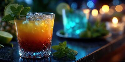 Refreshing cocktail with vibrant layers served at a stylish bar during evening hours photo
