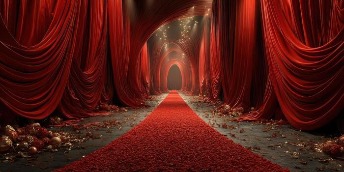 Elegant red carpet pathway adorned with draped fabric and floral accents in a scenic indoor setting photo