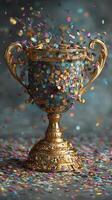 Celebration trophy surrounded by vibrant confetti in a festive atmosphere photo
