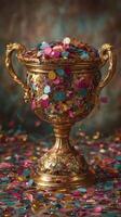 Golden trophy filled with colorful confetti surrounded by glitter on a textured background photo