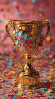 Colorful trophy surrounded by vibrant confetti at a celebration event showcasing achievement and joy photo