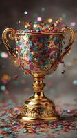 Colorful confetti-filled trophy shines amid scattered decorations on a festive backdrop photo