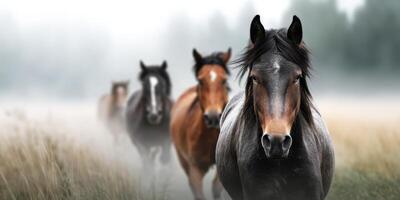 Horses running through misty field at dawn, showcasing their strength and beauty in a serene natural setting photo