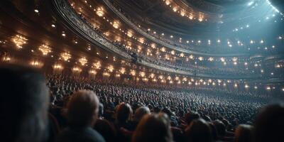 Large audience attends live performance in historic theater during evening hours with dramatic lighting photo