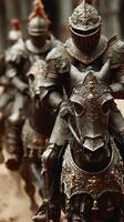 Knights in ornate armor riding majestic horses during a medieval festival in an ancient city square at dusk photo
