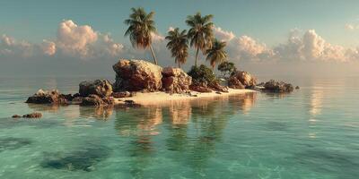 Tropical island with palm trees and crystal clear waters at sunset photo
