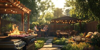 Backyard barbecue gathering in a lush garden with family and friends during a sunny afternoon photo