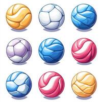 Group of colorful sports balls with varying designs arranged in a neat nine-square grid photo