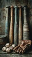 Vintage baseball equipment displayed on rustic wooden background showcasing bats, balls, and a glove photo