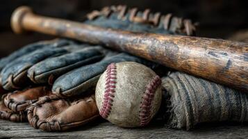 Vintage baseball equipment arranged on a rustic wooden surface with a bat, gloves, and a worn-out ball photo