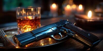 Still life composition featuring a handgun, whiskey glass, and candles in a dimly lit setting photo