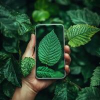 Nature meets technology as a hand holds a smartphone displaying a vibrant leaf among lush greenery photo