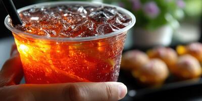 Refreshing iced drink served in a transparent cup with ice, enjoyed in a cozy cafe setting during the afternoon photo