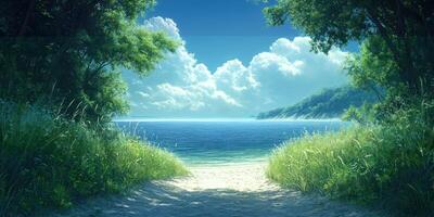 Beautiful serene beach view with lush greenery and calm waters under a bright sky photo