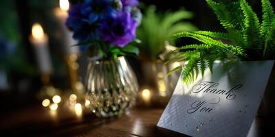 Elegant thank you card and flowers with candles softly illuminating a cozy indoor setting photo