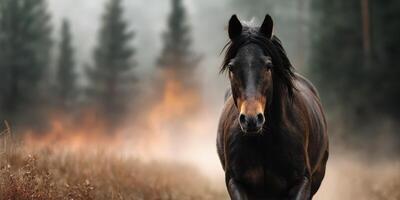 Dark horse running through misty forest during autumn morning light photo