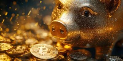 Golden piggy bank surrounded by shiny coins symbolizes saving money and investment in cryptocurrency photo