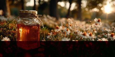 Sunlight glimmers on a jar of honey surrounded by blooming wildflowers in a serene outdoor setting photo