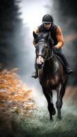 Horseback riding through a foggy forest in autumn with a rider wearing a dark outfit and helmet photo