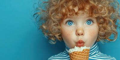 Child enjoys ice cream cone with a surprised expression against a bright blue background during a sunny afternoon photo