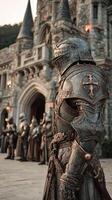 Medieval knight in ornate armor stands proud outside a grand castle during twilight gathering of fellow warriors photo