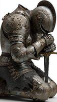 Intricate knight armor kneeling in reflection, showcasing craftsmanship and historical significance photo