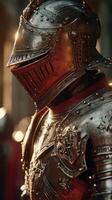 Knight in shining armor stands proud during medieval festival at sunset, displaying intricate details of the armor and helmet photo