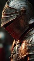 Intricate details of a medieval knight's armor showcasing artistry and craftsmanship in a historical reenactment setting photo