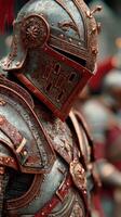 Detailed armored knight stands ready in a historical reenactment event in the afternoon light photo