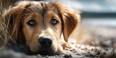 Golden puppy relaxes on sandy beach while enjoying a sunny day outdoors photo