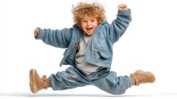 Child joyfully jumping in soft blue outfit, showcasing exuberance in studio setting during daytime photo