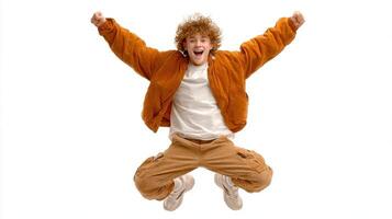 Joyful young person jumps with excitement against a plain background showcasing spontaneity and energy photo