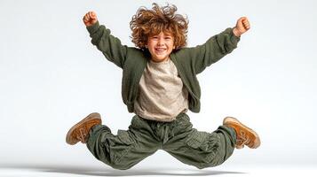 Happy child jumping with joy indoors during daylight wearing casual clothes and showing excitement photo