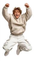 Young man joyfully jumping in a cozy sweater against a plain background expressing happiness and celebration photo