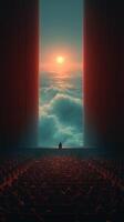 Spectacular view from an empty theater overlooking the ocean at sunset with dramatic waves photo